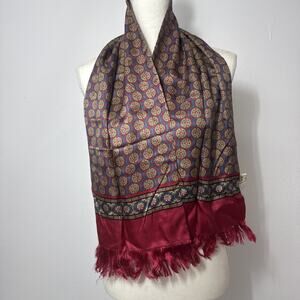 Vtg Golden Camel Shanghai 100% Pure Silk Scarf Fringe Red Geometric Rectangle